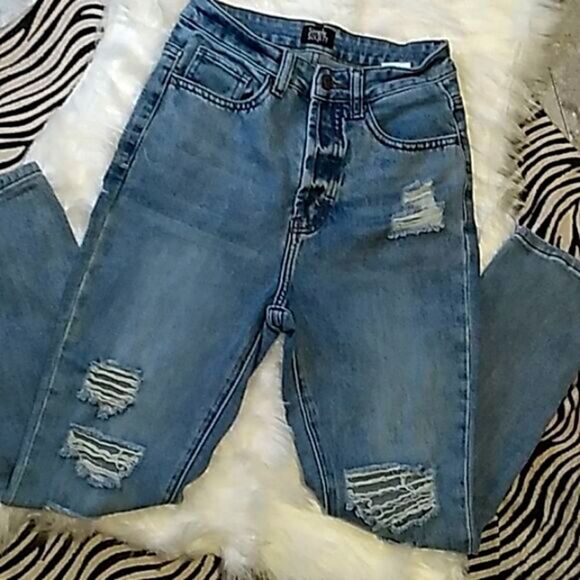 high waist button fly distressed  jeans - Picture 1 of 15